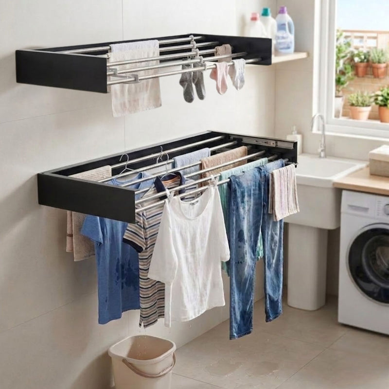 Wall Mounted Clothes Drying Rack - Foldable and Space-Saving - Black - alternate angle