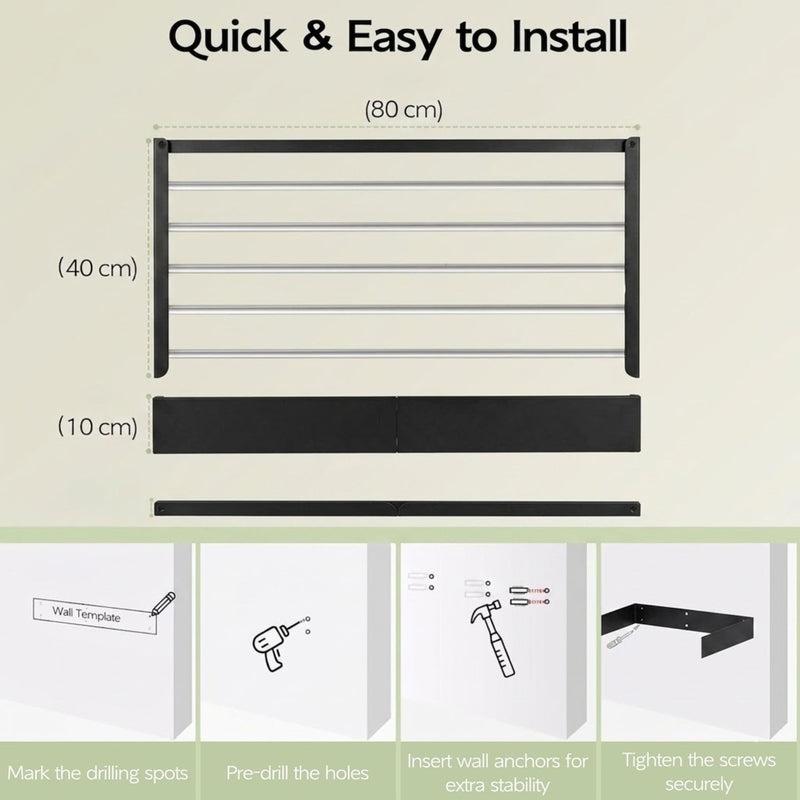 Wall Mounted Clothes Drying Rack - Foldable and Space-Saving - Black - size and scale view