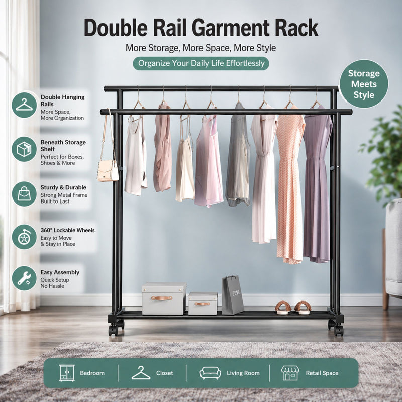 Double Rod Clothes Rack with Wheels for Easy Storage, Black - detail view