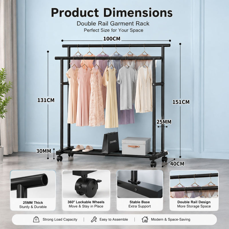 Double Rod Clothes Rack with Wheels for Easy Storage, Black - size and scale view