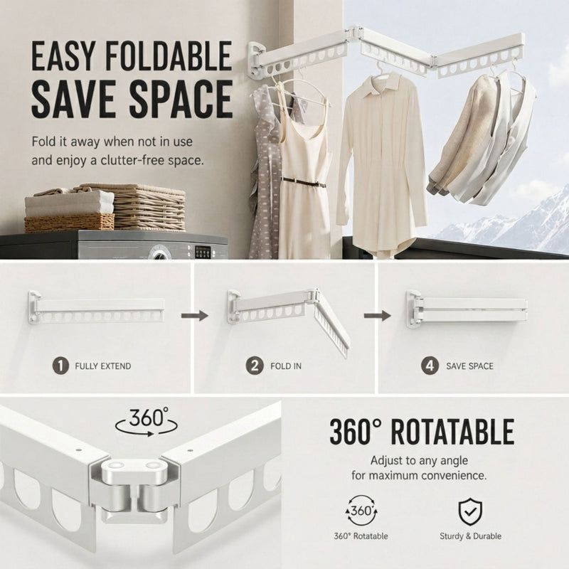 3 - Fold Wall Mounted Clothes Drying Rack - White - size and scale view