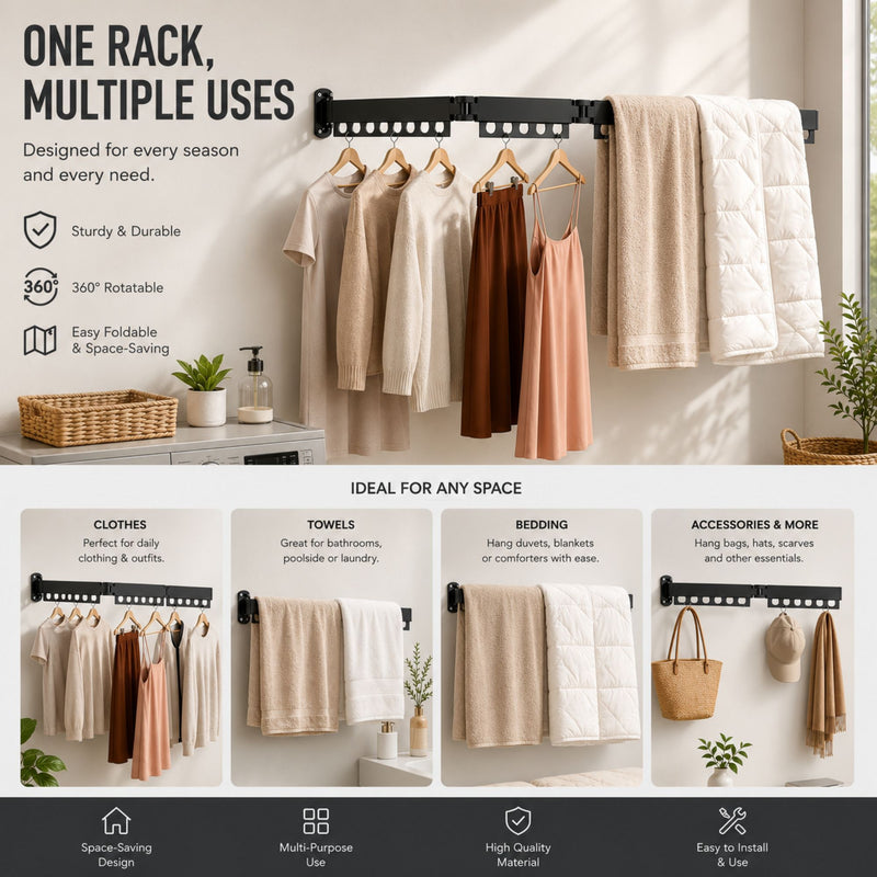 3 - Fold Wall Mounted Clothes Drying Rack - Black - additional product view
