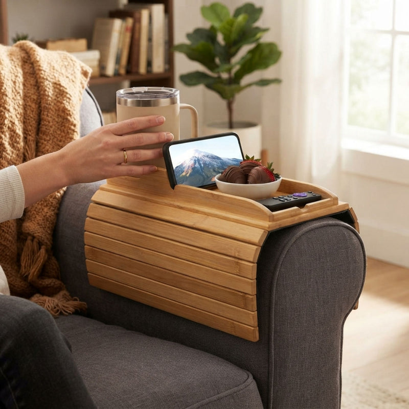Bamboo Sofa Armrest Tray Couch Arm Table Natural