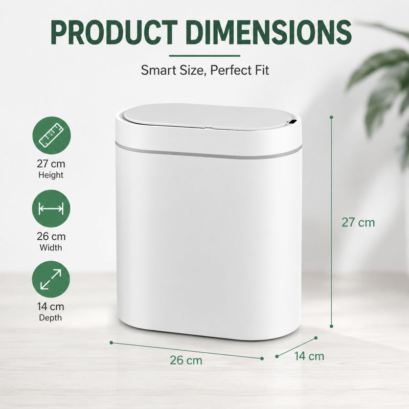 7L Motion Sensor Bin Slim Design for Bathrooms and Kitchens - White - size and scale view