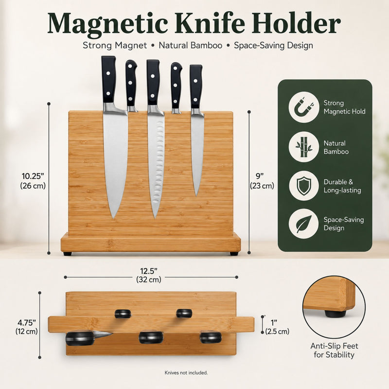 Magnetic Knife Block Bamboo Double Sided Holder, Natural - detail view