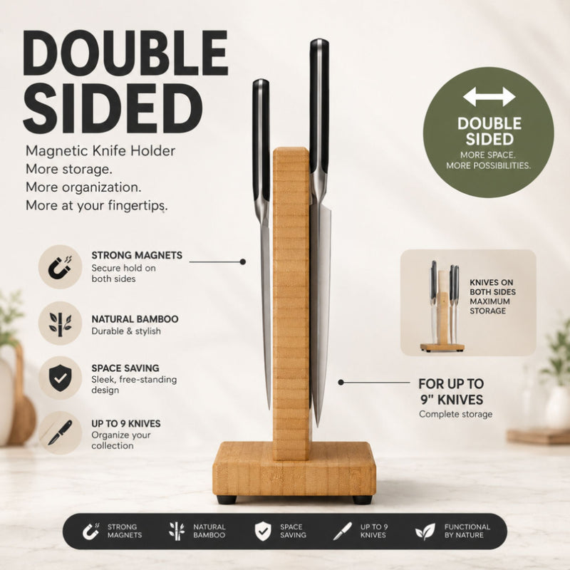 Magnetic Knife Block Bamboo Double Sided Holder, Natural - size and scale view