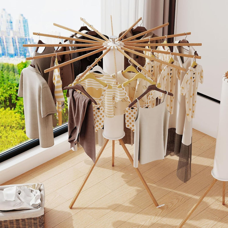 Tripod Clothes Drying Rack with 16 Rods and Wooden Poles, White - detail view