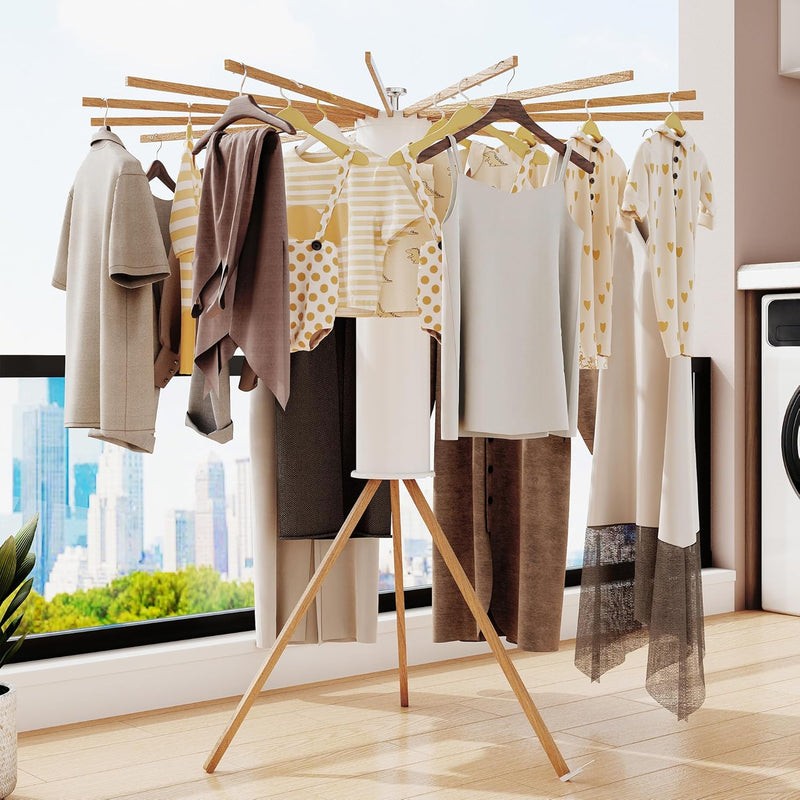 Tripod Clothes Drying Rack with 16 Rods and Wooden Poles, White - additional product view