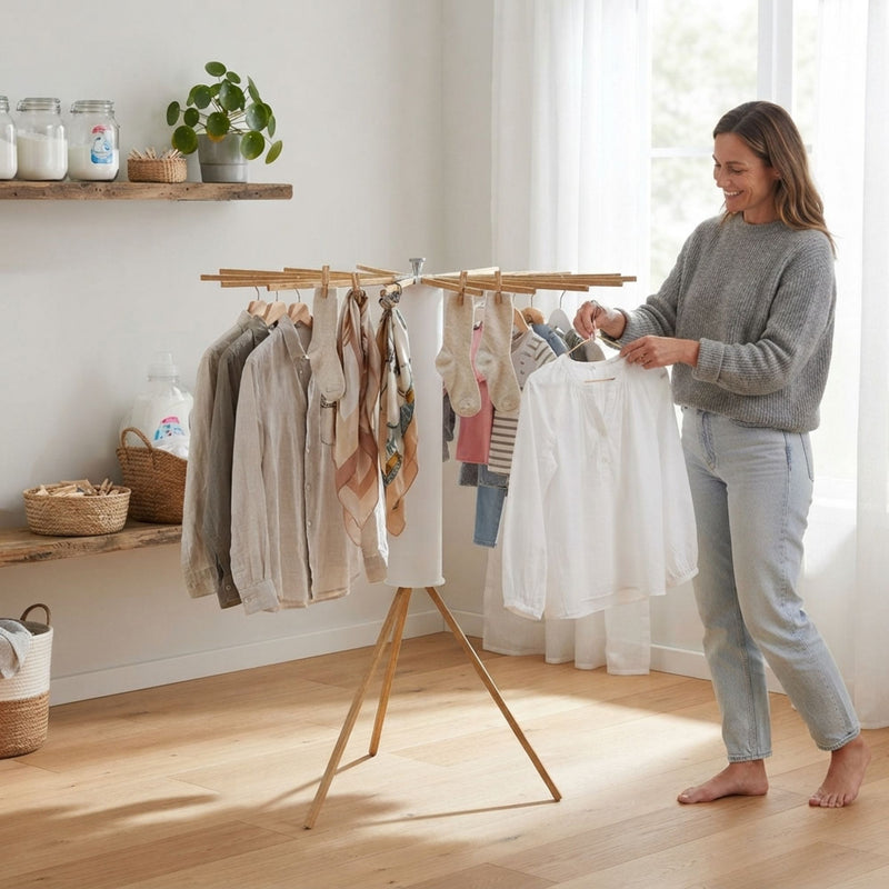 Tripod Clothes Drying Rack with 16 Rods and Wooden Poles