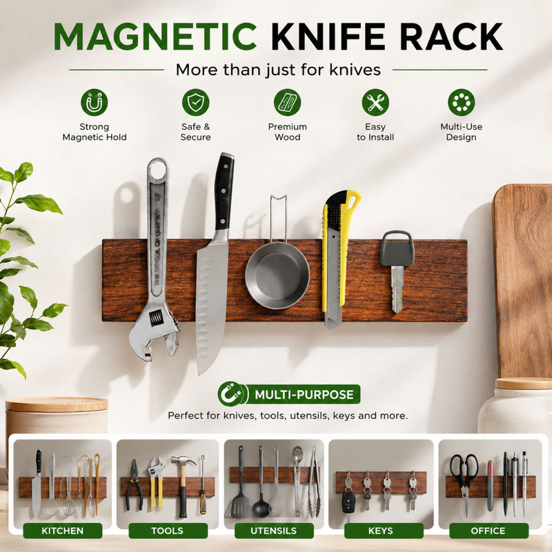Magnetic Knife Holder Wall Mounted Wood Strip Brown - detail view