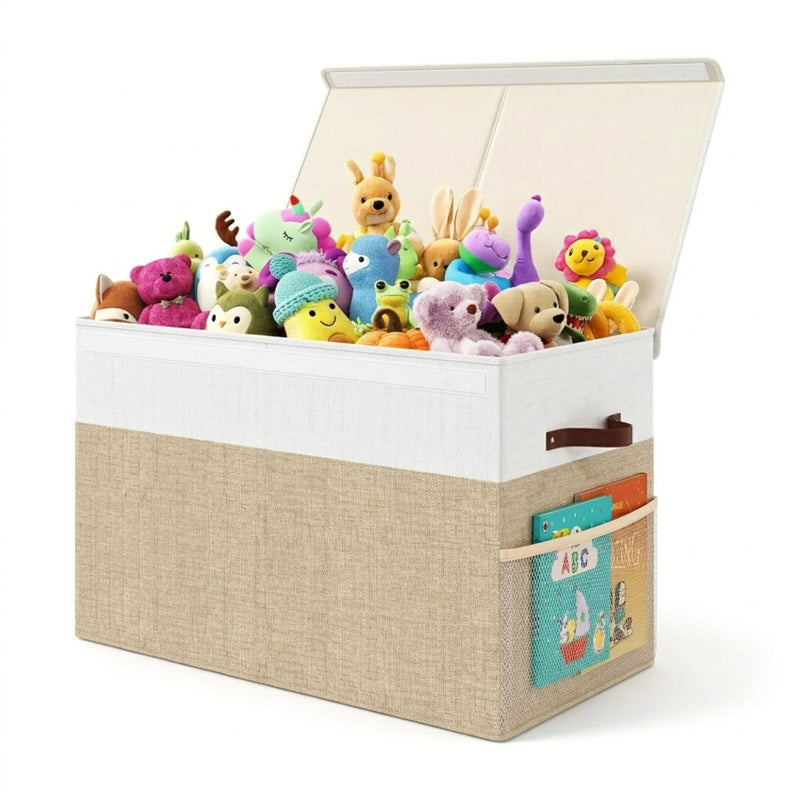 Large Foldable Toy Storage Box with Lid Beige Linen - Like Fabric - main product image