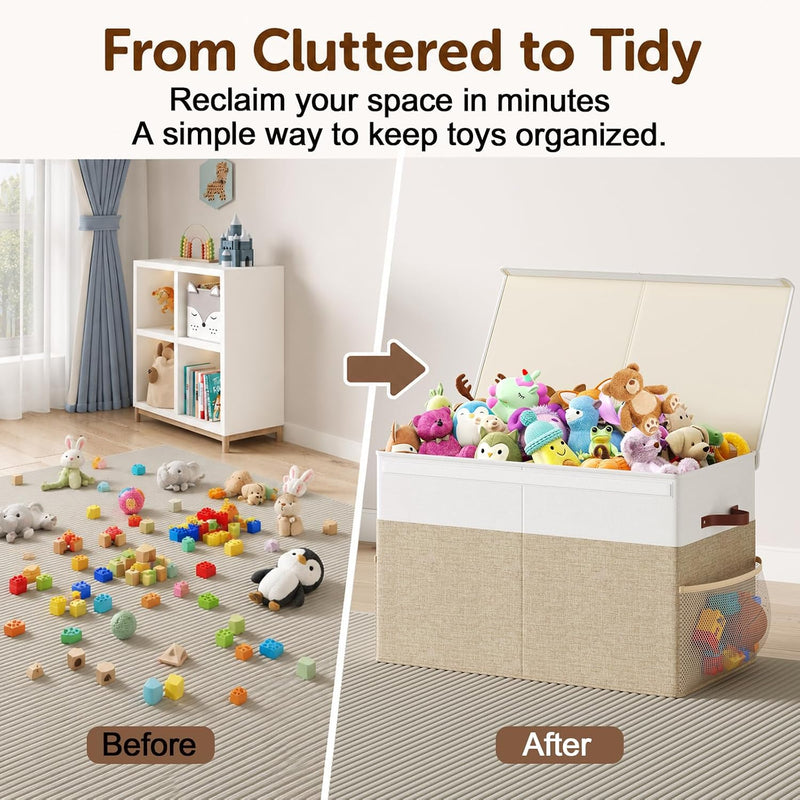 Large Foldable Toy Storage Box with Lid Beige Linen - Like Fabric - size and scale view