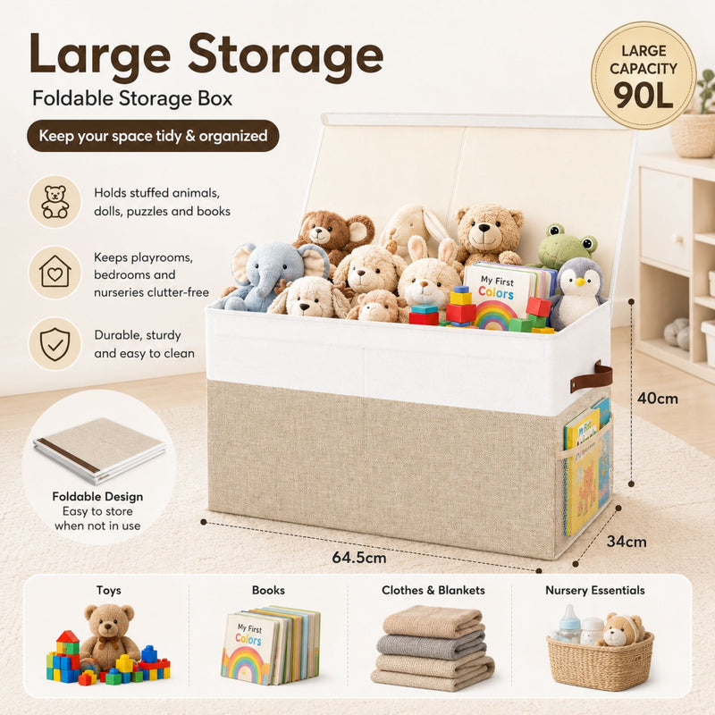 Large Foldable Toy Storage Box with Lid Beige Linen - Like Fabric - additional product view