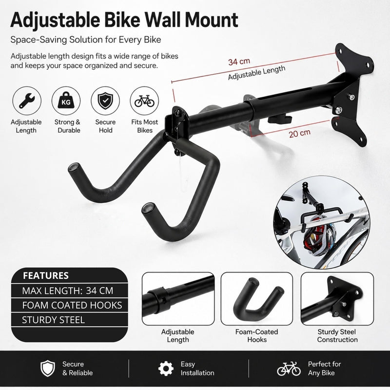 Adjustable Wall Mount Bike Rack for Garage Storage, Black - detail view