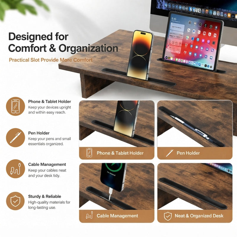 Dual Monitor Stand Riser, Adjustable Length and Angle - Brown - detail view