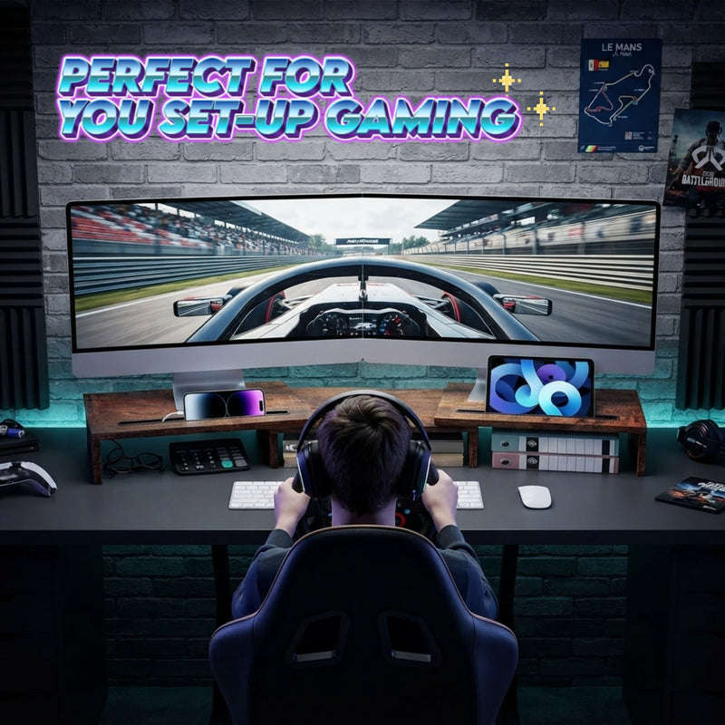 Dual Monitor Stand Riser, Adjustable Length and Angle - Brown - size and scale view