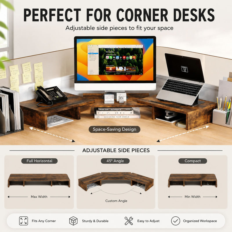 Dual Monitor Stand Riser, Adjustable Length and Angle - Brown - additional product view