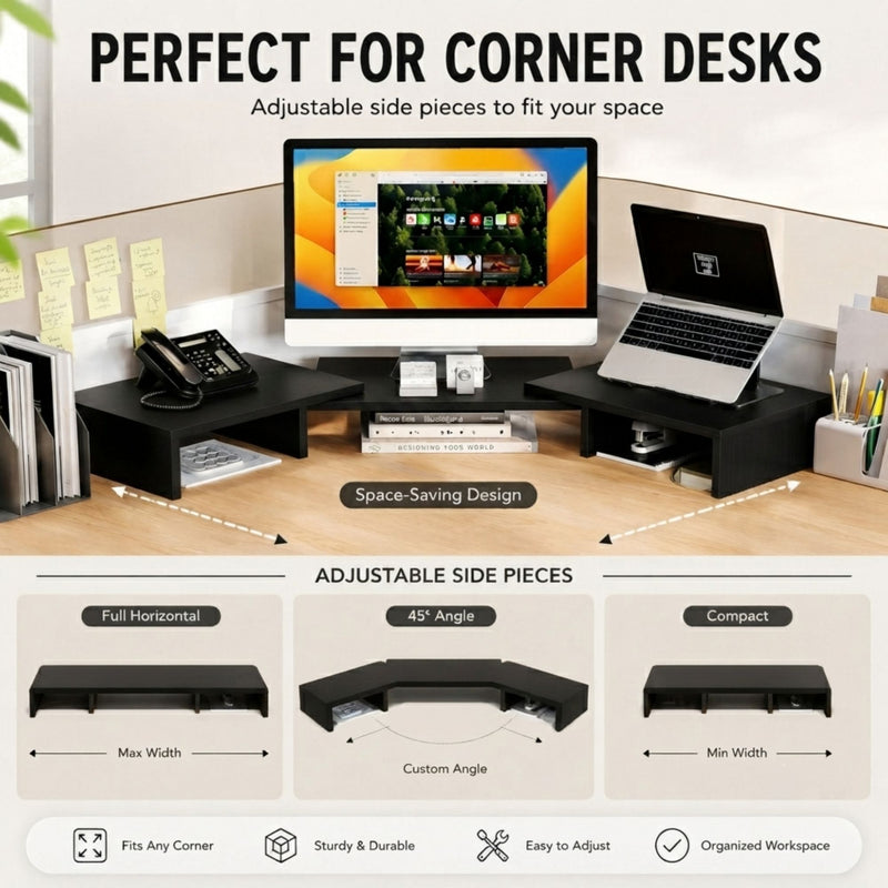 Dual Monitor Stand Riser, Adjustable Length and Angle - Black - additional product view
