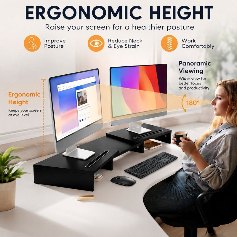 Dual Monitor Stand Riser, Adjustable Length and Angle - Black