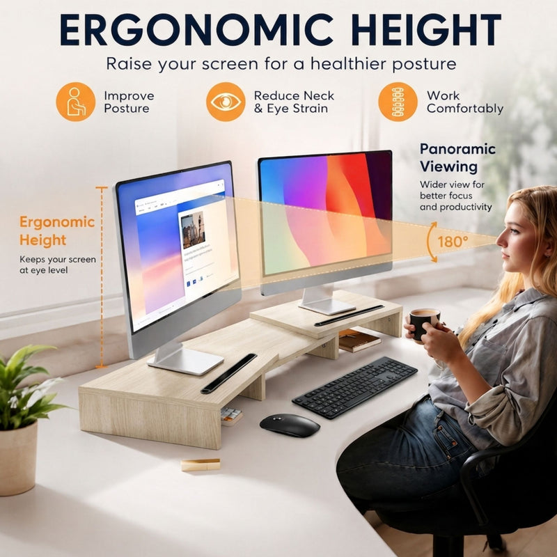Dual Monitor Stand Riser, Adjustable Length and Angle - Beige
