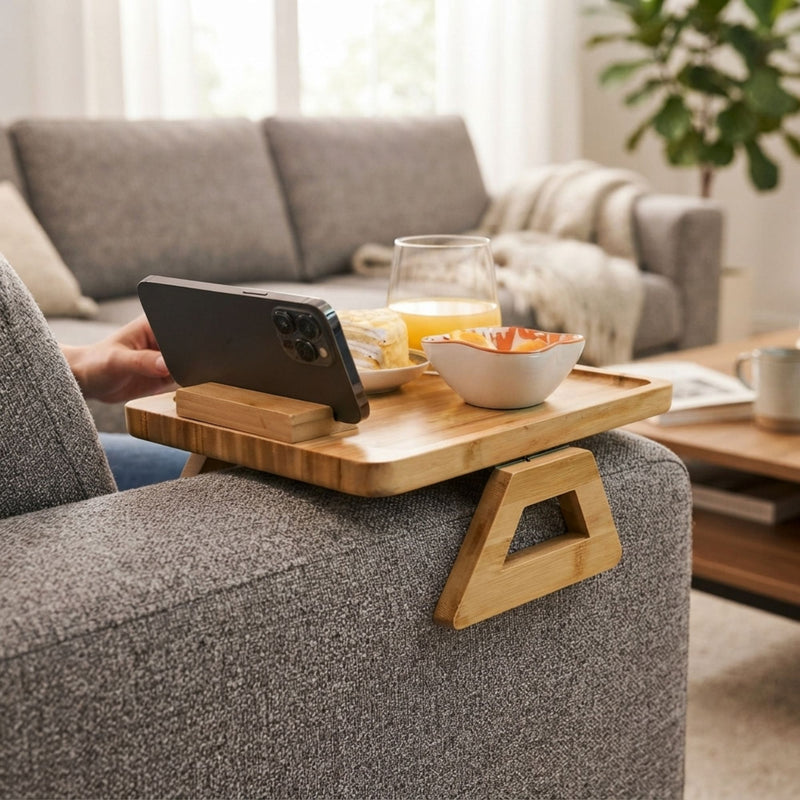 Bamboo Sofa Arm Tray with Rotating Phone Holder, Natural - alternate angle