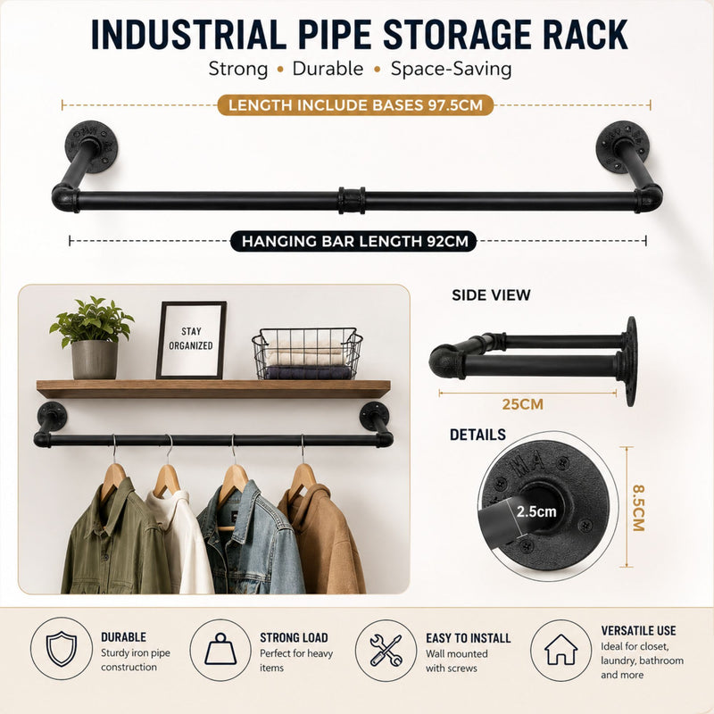 Industrial Pipe Wall Mounted Clothes Rack for Storage, Black - detail view