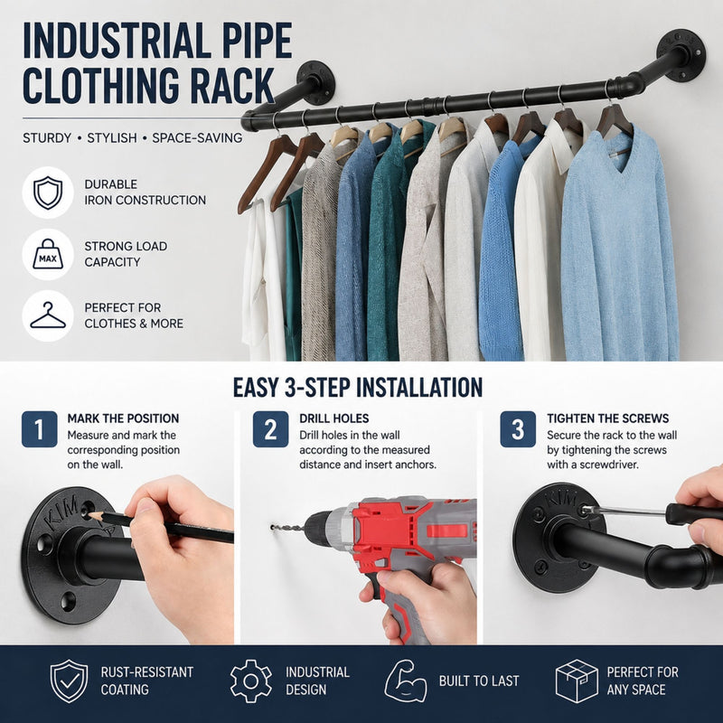 Industrial Pipe Wall Mounted Clothes Rack for Storage