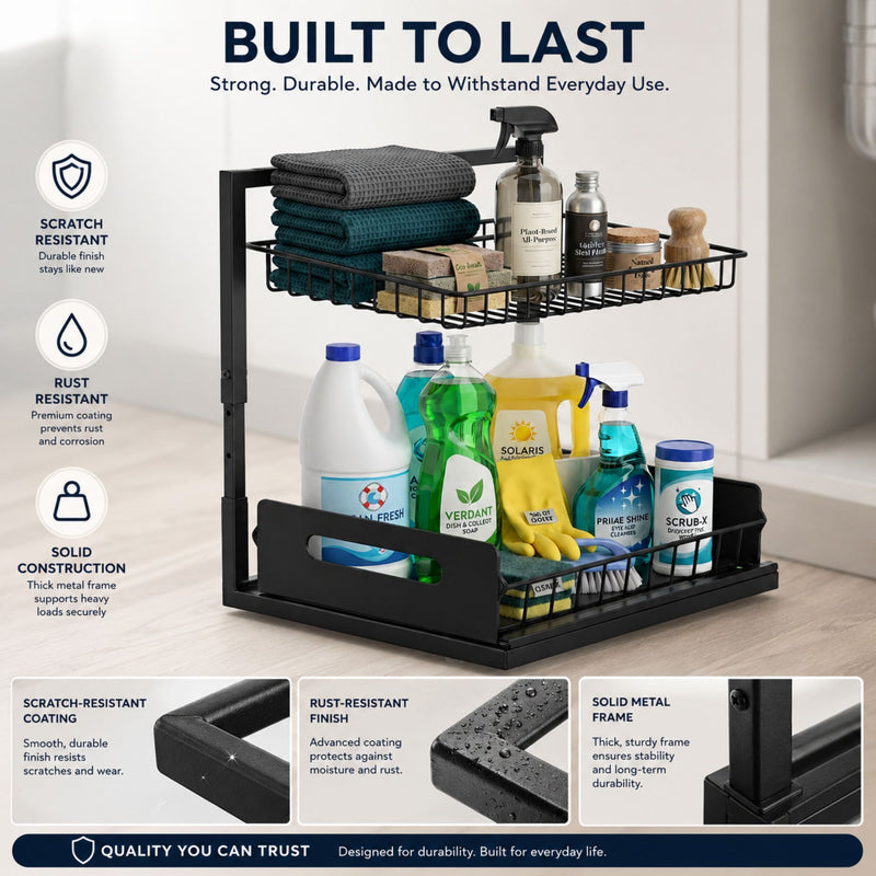 2 Tier Under Sink Organiser, Adjustable Height, Sliding Drawer in Black - size and scale view