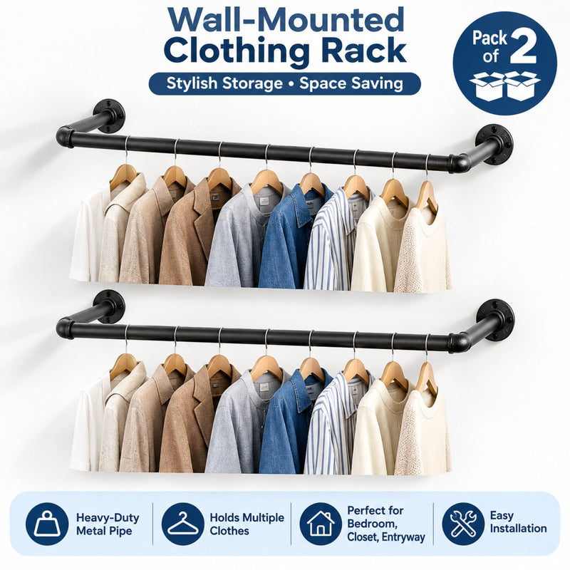 2-Pack Industrial Pipe Wall Clothes Rack, 92cm Bar Garment Rack in Black - detail view