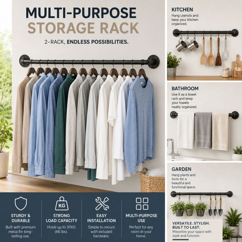 2-Pack Wall Mounted Industrial Pipe Clothes Rack