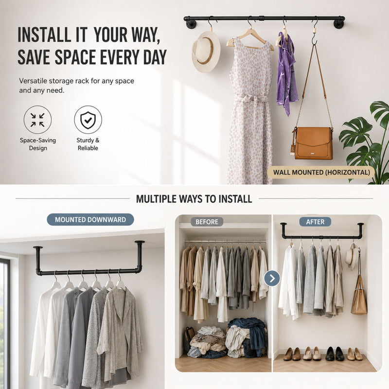 2-Pack Wall Mounted Industrial Pipe Clothes Rack