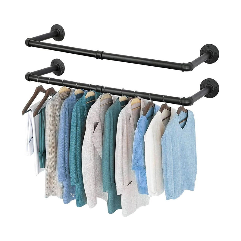 2-Pack Industrial Pipe Wall Clothes Rack, 92cm Bar Garment Rack in Black - main product image