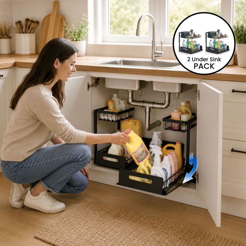 2-Pack Under Sink Organiser, Adjustable Height, 2 Tier Sliding Drawer in Black - size and scale view