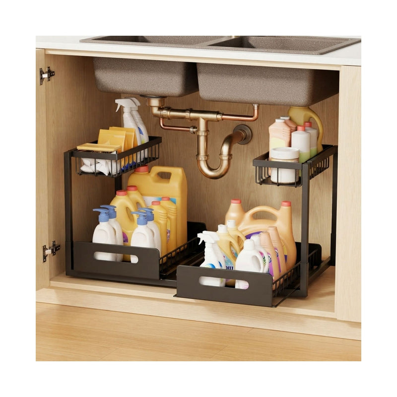 2-Pack Under Sink Organiser, Adjustable Height, 2 Tier Sliding Drawer in Black - main product image