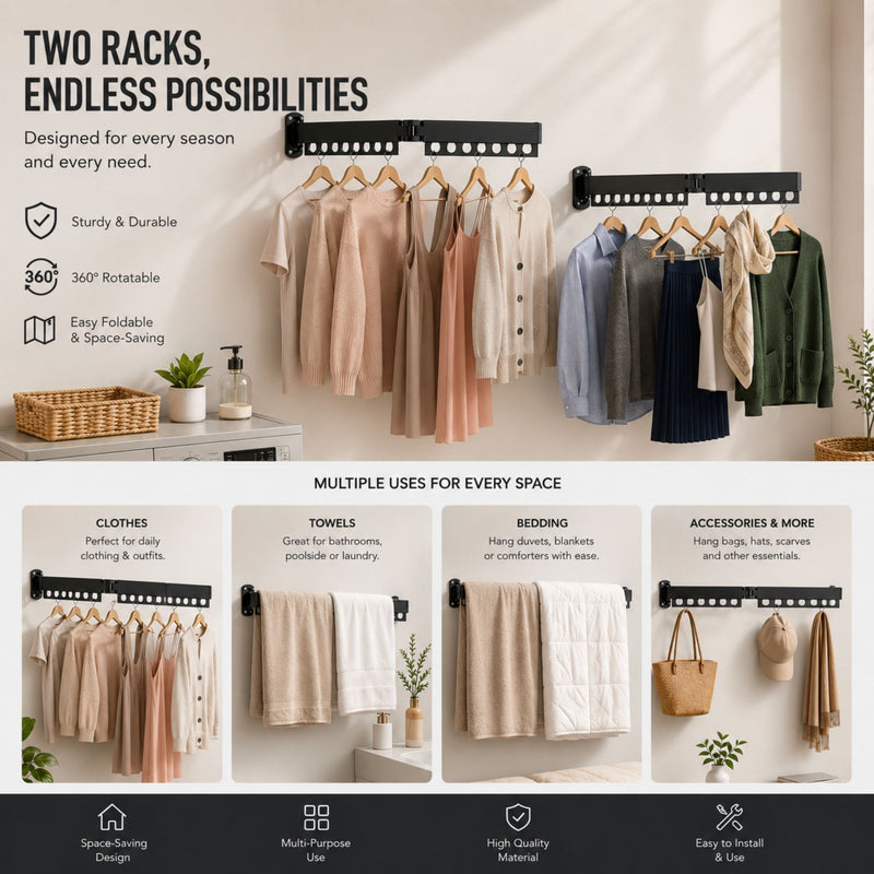 2-Pack Foldable Wall Mounted Clothes Drying Rack, Laundry Space Saver, Black - size and scale view