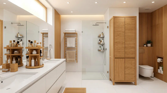Modern bathroom with bamboo organisation storage, including rotating cosmetic organisers on a white double vanity.