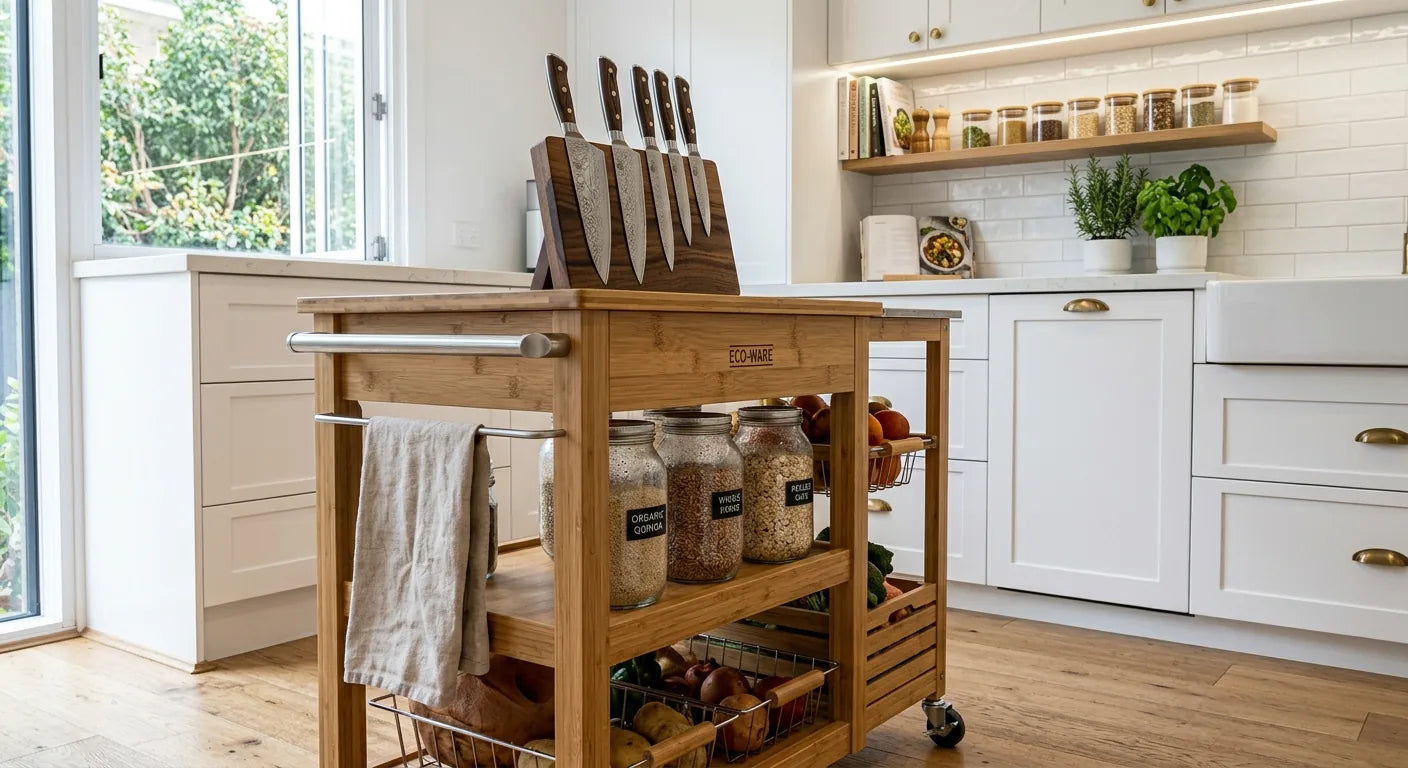 Bamboo kitchen trolley organised with labelled storage jars, wire veggie baskets, and a wooden knife block.