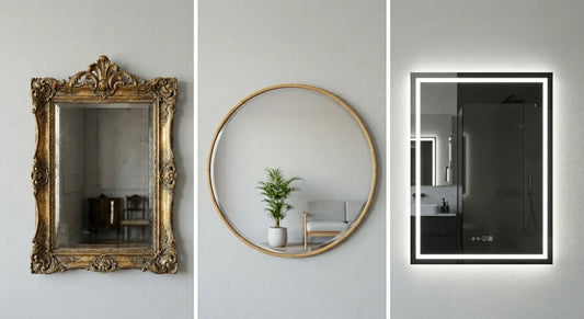 Three wall mirrors side-by-side: ornate antique gold, minimalist round wood, and modern backlit LED bathroom mirror.