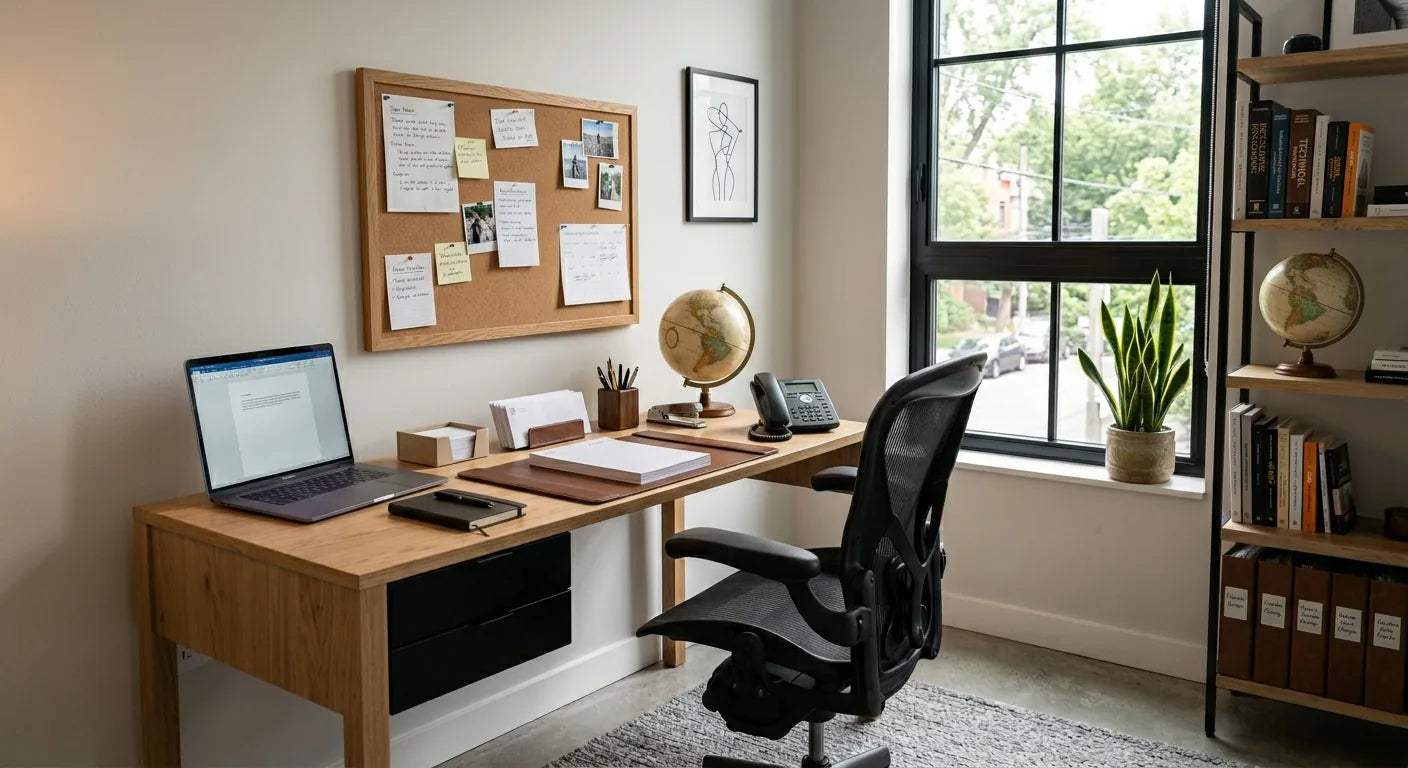 Organised home office setup with a wooden desk, laptop, ergonomic black chair, cork board, and a bookshelf near a window.