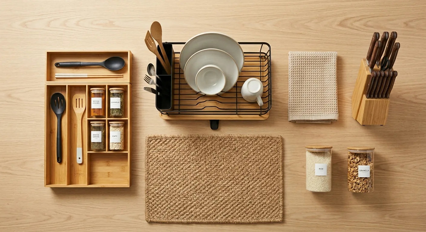 Flat lay of bamboo kitchen organisers, dish drying rack, spice jars, and knife block on light timber.