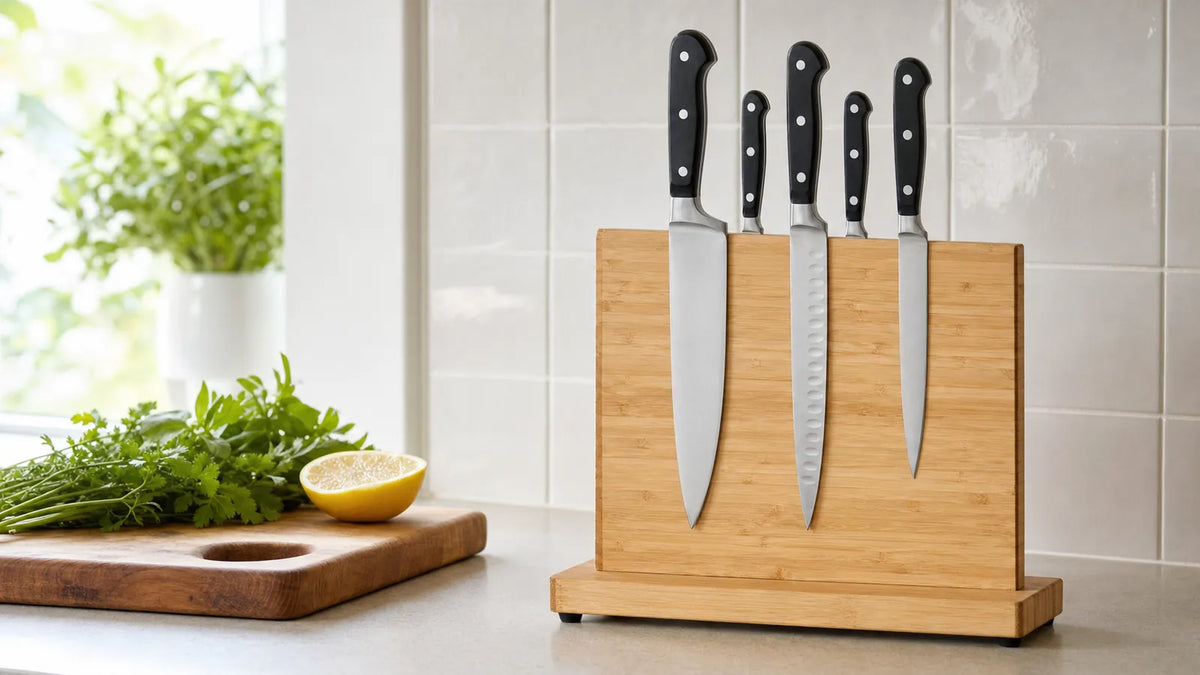 Bamboo magnetic knife block holding kitchen knives flat on a pale stone benchtop beside a timber chopping board