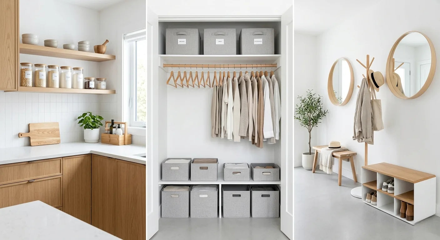 Minimalist kitchen, organised wardrobe closet, and tidy entryway showcasing stylish timber and fabric storage solutions.