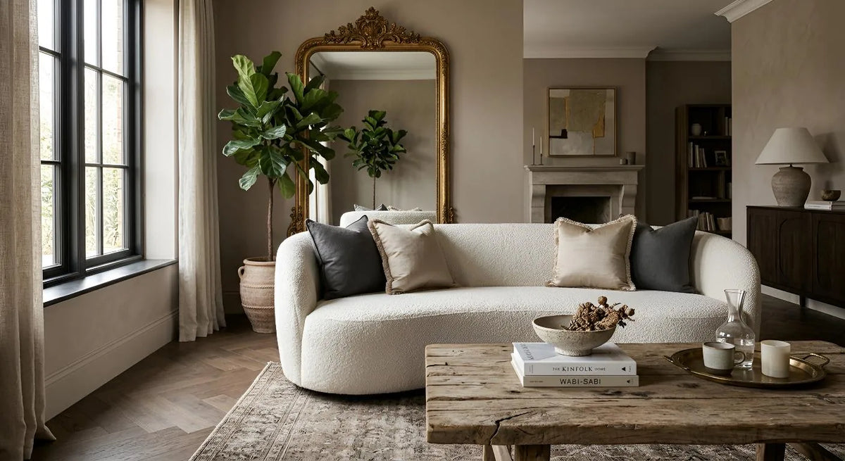 Warm neutral living room styled with a white boucle sofa, rustic wooden coffee table, gold mirror, and fiddle leaf fig.