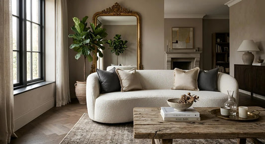 Warm neutral living room styled with a white boucle sofa, rustic wooden coffee table, gold mirror, and fiddle leaf fig.
