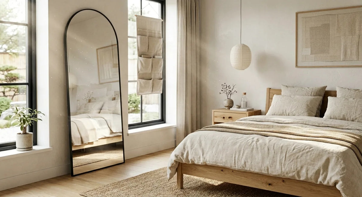 Minimalist neutral bedroom featuring a wooden bed, linen bedding, large arched mirror and hanging fabric organiser.