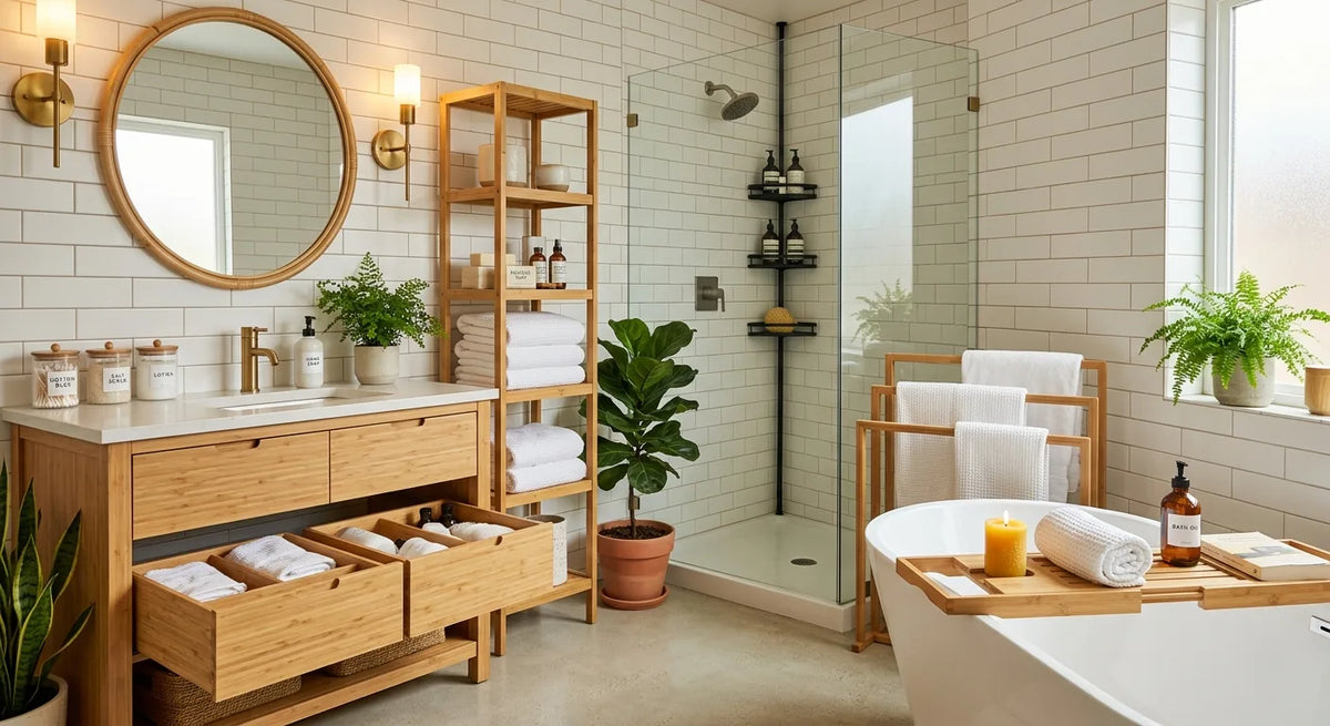 Organised modern bathroom featuring a bamboo vanity, tall shelving unit, green plants, and a freestanding bathtub.