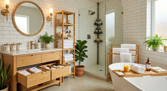 Organised modern bathroom featuring a bamboo vanity, tall shelving unit, green plants, and a freestanding bathtub.