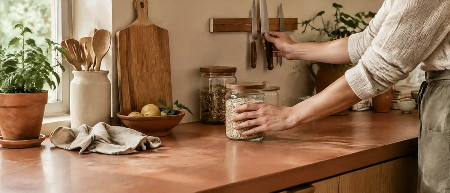 Hands organising a kitchen benchtop with a magnetic knife strip and glass storage jars during a spring bench reset