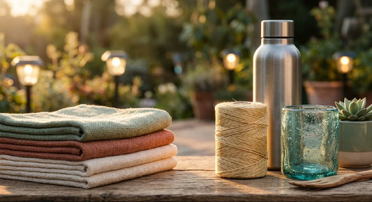 Folded textured cloths, twine, a reusable bottle, and recycled glass cup on a rustic wooden table in a sunlit garden.