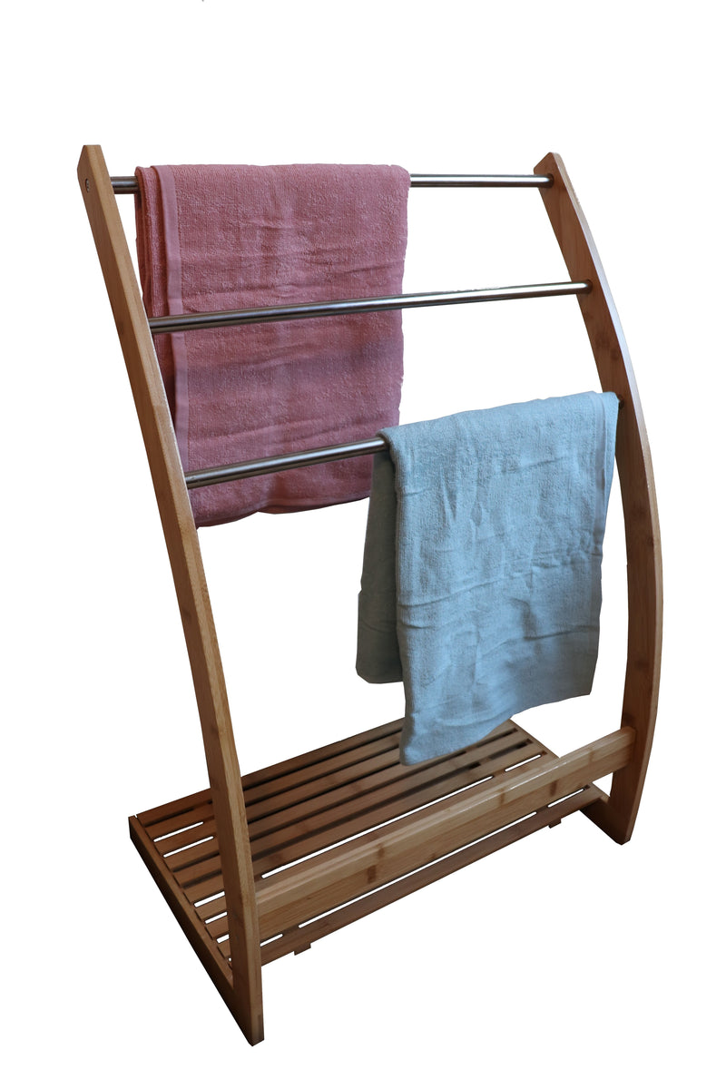 3-Tier Bamboo Freestanding Towel Rack with Shelf Upgraded in Natural - alternate angle